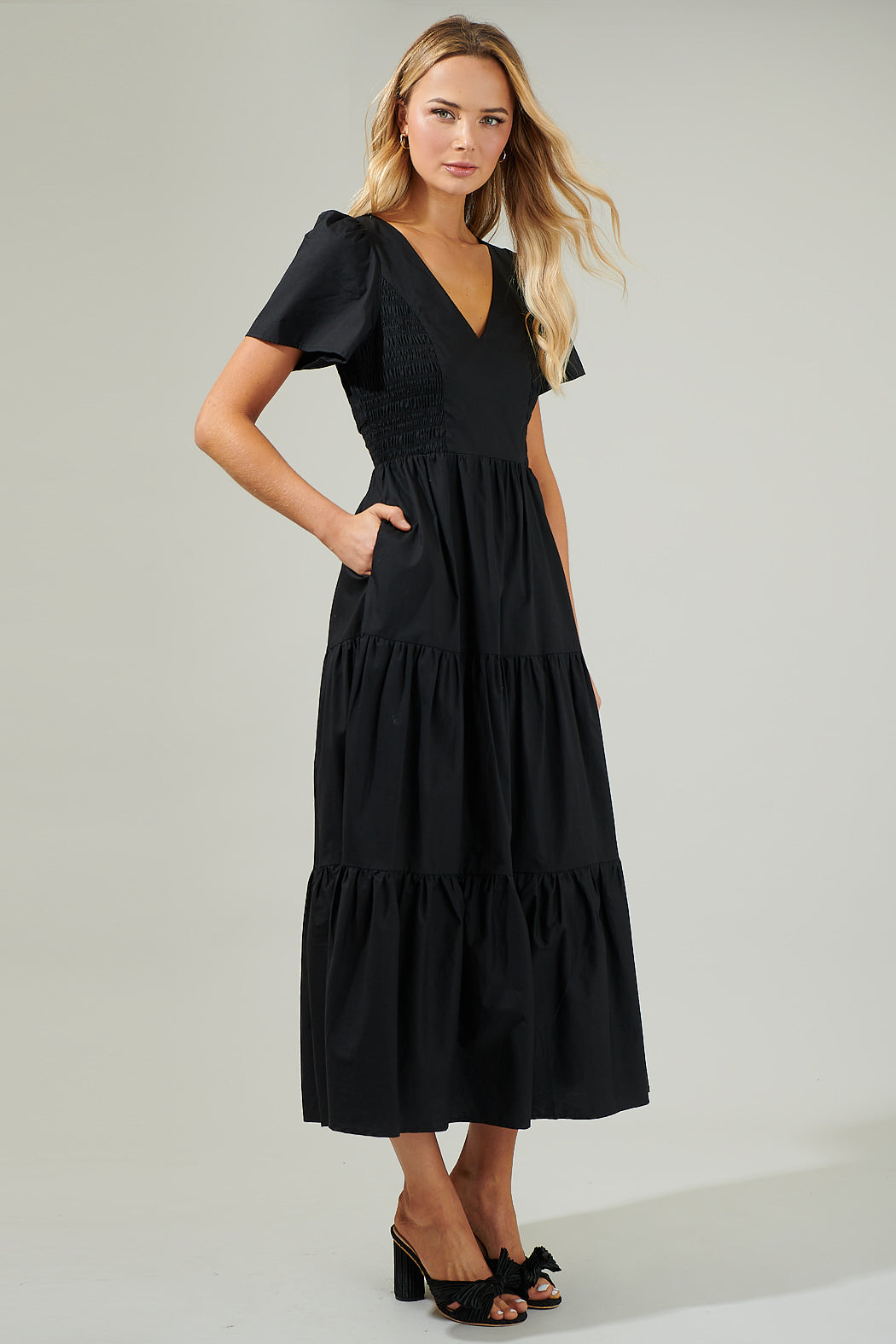Alexis Poplin Tiered Midi Dress CHERRY-RED / XS by Sugarlips Alexis Poplin Tiered Midi Dress CHERRY-RED / XS by Sugarlips