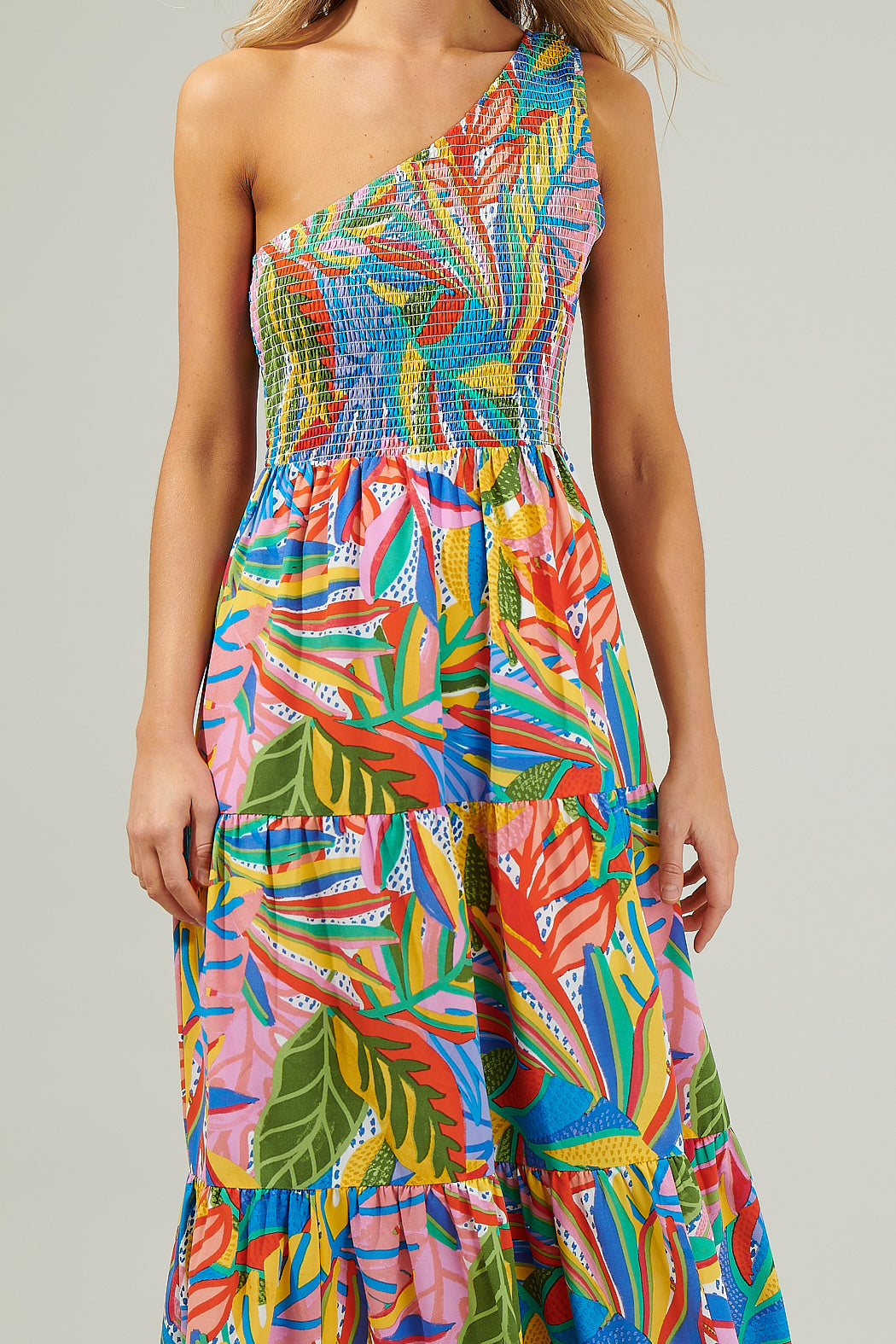 smocked one shoulder dress Clean Slate One-Shoulder Smocked Midi Dress Sage