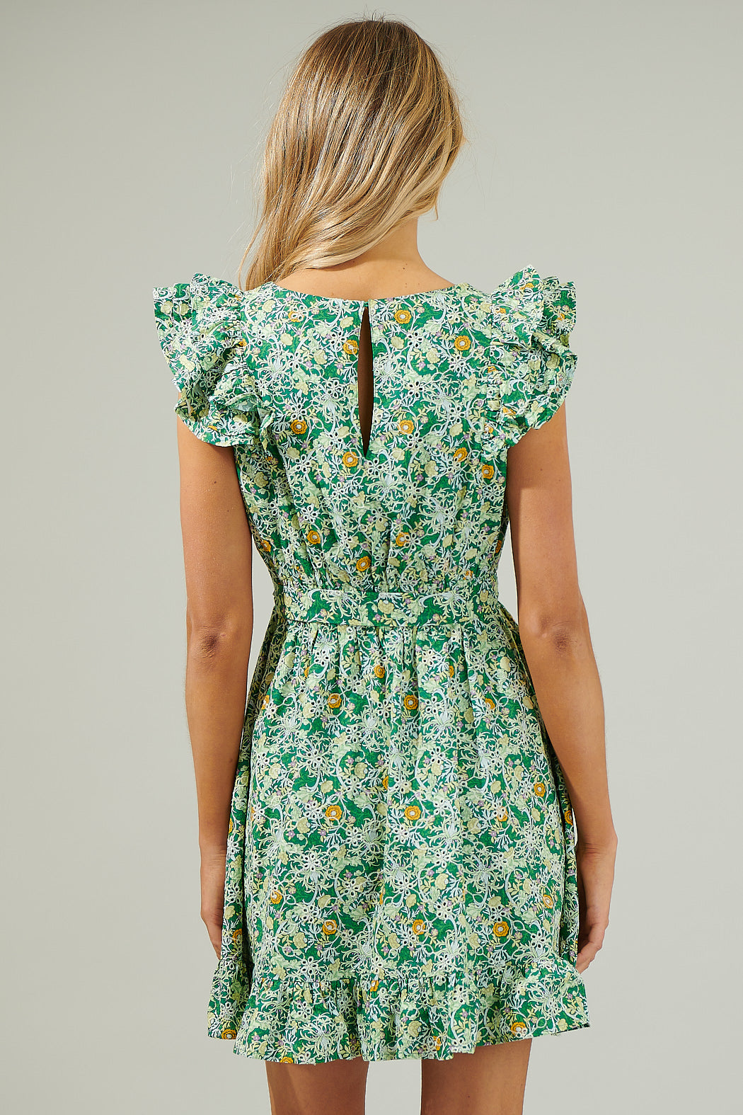 Cassia Floral Aurellia Ruffle Eyelet Mini Dress GREEN-MULTI / M by Sugarlips Cassia Floral Aurellia Ruffle Eyelet Mini Dress GREEN-MULTI / M by Sugarlips