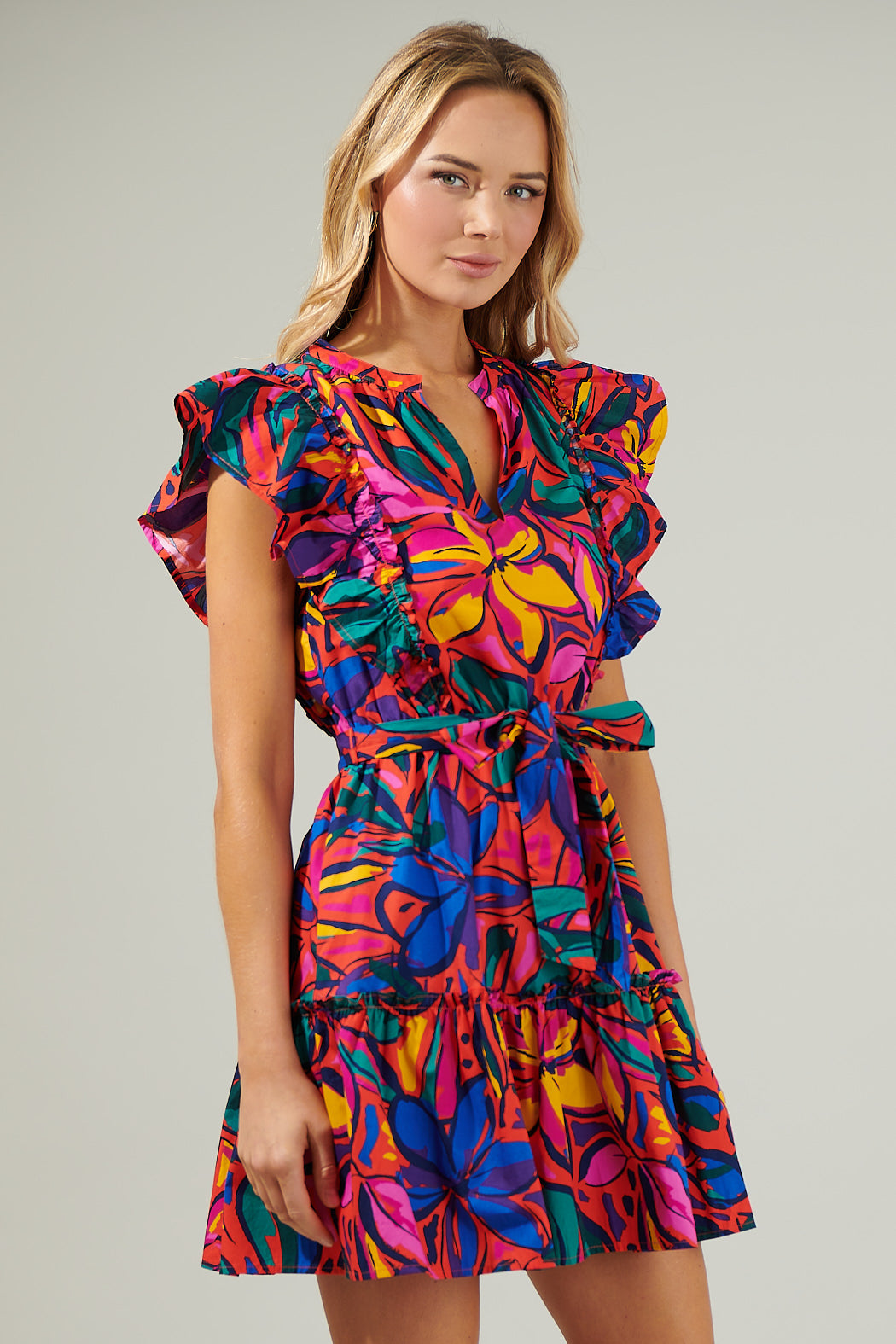 Sugarlips Rainbow Tropics Floral Printed Poplin Split V-Neck Short Ruffle Cap Sleeve Mini Dress, Womens, XS, Red Multi Sugarlips Rainbow Tropics Floral Printed Poplin Split V-Neck Short Ruffle Cap Sleeve Mini Dress, Womens, XS, Red Multi