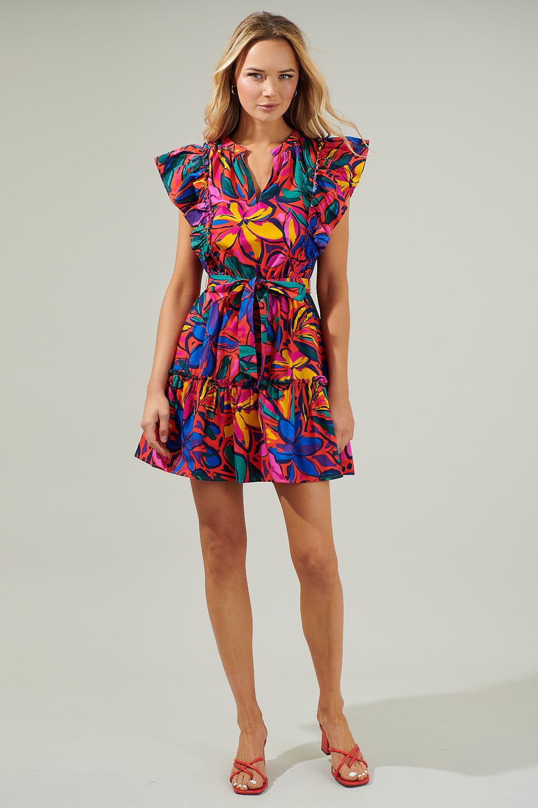 Sugarlips Rainbow Tropics Floral Printed Poplin Split V-Neck Short Ruffle Cap Sleeve Mini Dress, Womens, XS, Red Multi Sugarlips Rainbow Tropics Floral Printed Poplin Split V-Neck Short Ruffle Cap Sleeve Mini Dress, Womens, XS, Red Multi