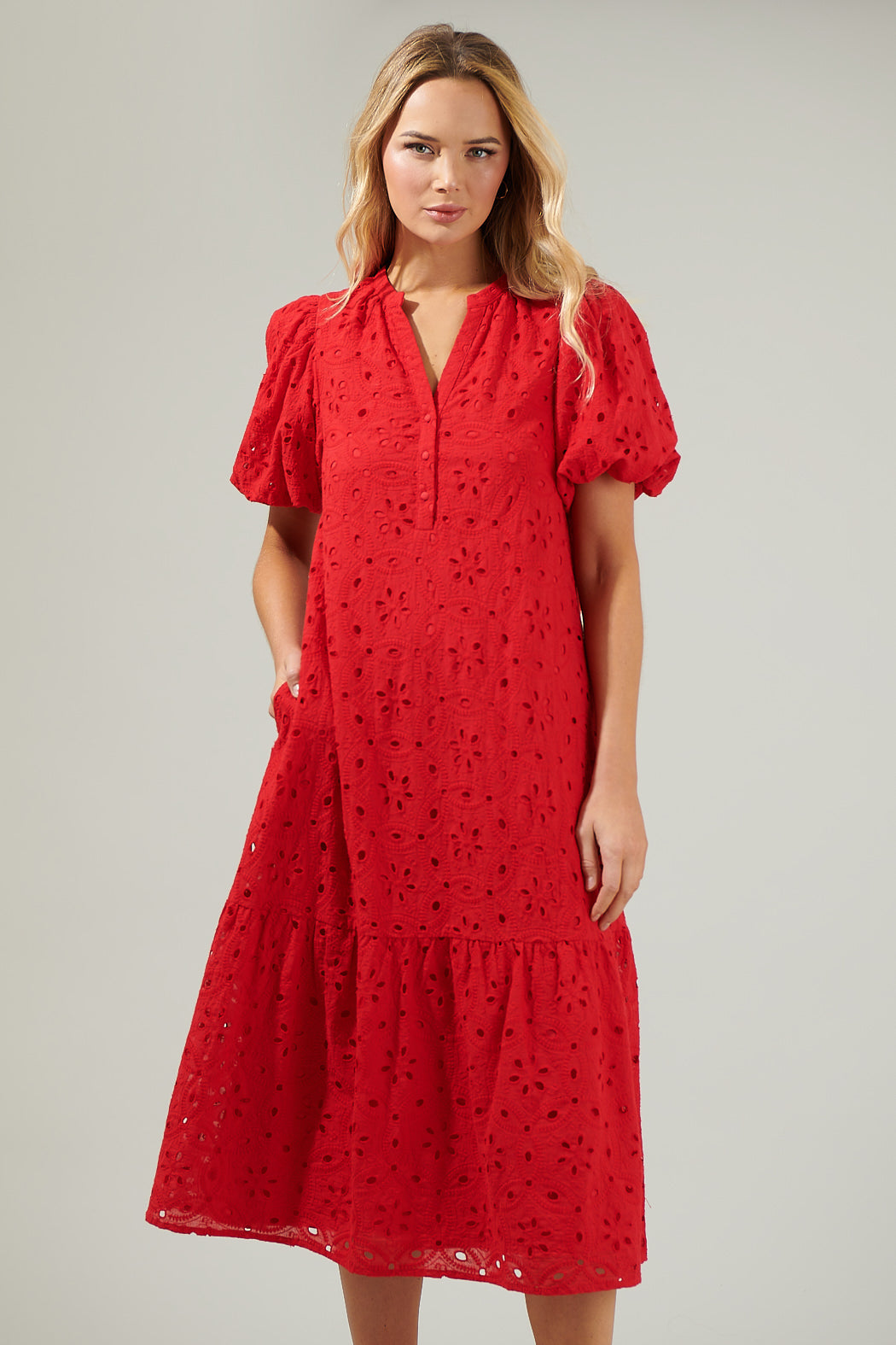 Villa Nova Eyelet Midi Dress RED / XS by Sugarlips Villa Nova Eyelet Midi Dress RED / XS by Sugarlips