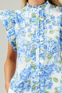 Truth Be Told Blue Floral Sleeveless Ruffle Top