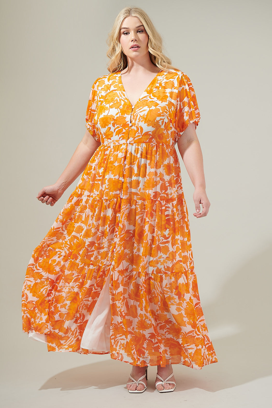 Tangelo Floral Monaco Tiered Maxi Dress Curve ORANGE-WHITE / 1X by Sugarlips Tangelo Floral Monaco Tiered Maxi Dress Curve ORANGE-WHITE / 1X by Sugarlips