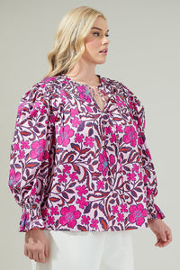 Aubrey Floral Russo Pleated Long Sleeve Blouse Curve