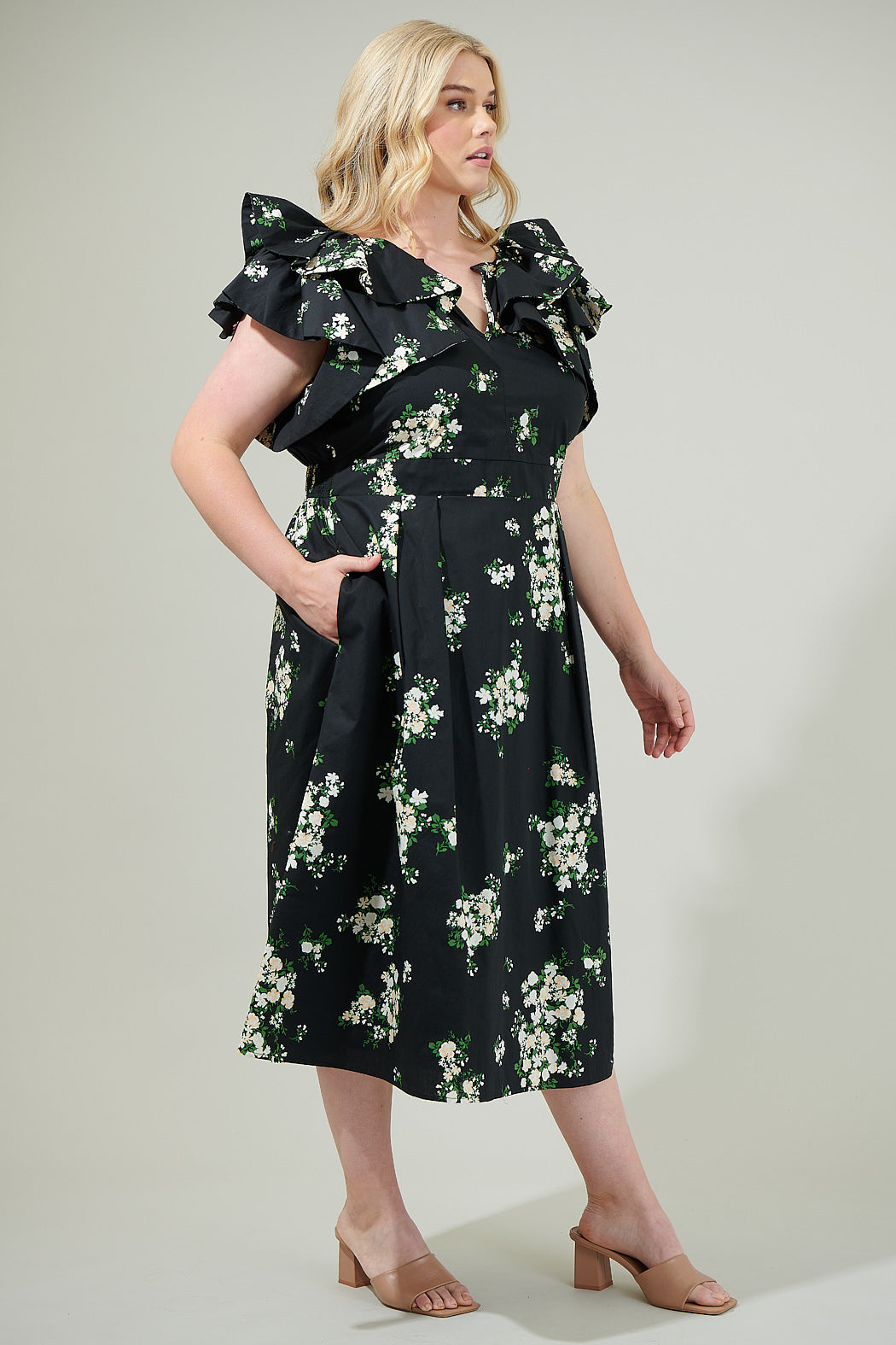 Emery Floral Santana Tie Back Midi Dress Curve BLACK-TAUPE-MUL / 3X by Sugarlips Emery Floral Santana Tie Back Midi Dress Curve BLACK-TAUPE-MUL / 3X by Sugarlips