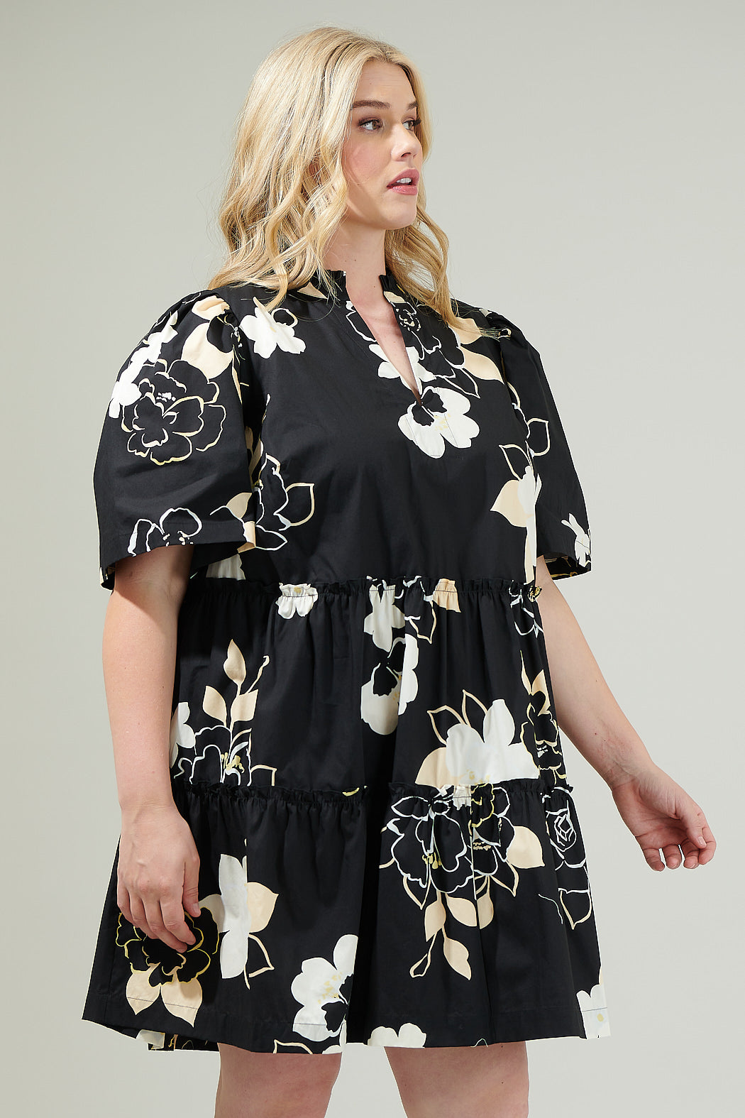 Cairan Rose Dixie Split Neck Shift Dress Curve BLACK-TAUPE / 2X by Sugarlips Cairan Rose Dixie Split Neck Shift Dress Curve BLACK-TAUPE / 2X by Sugarlips