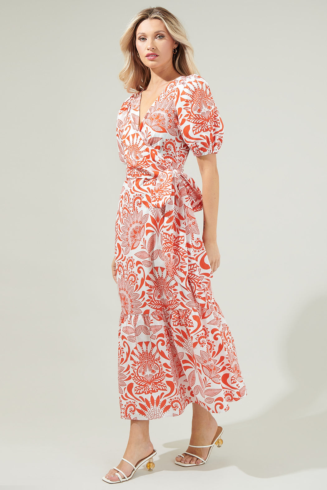 Juny Floral Stroll Poplin Wrap Top Midi Dress WHITE-RED / M
