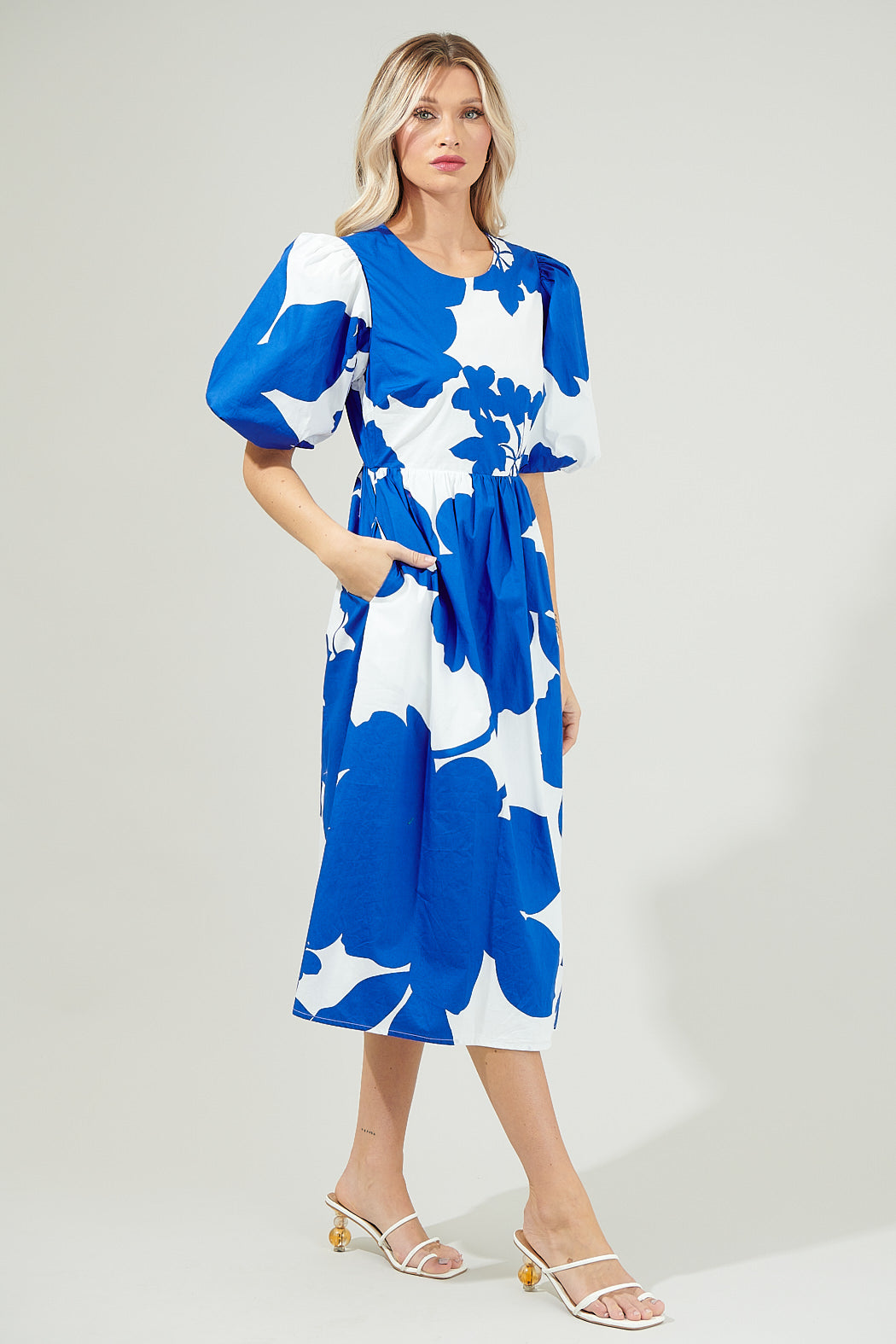 formal floral dresses with sleeves Yardley Floral Poplin Puff Sleeve Midi Dress WHT-BLUE-MULTI / XS by Sugarlips