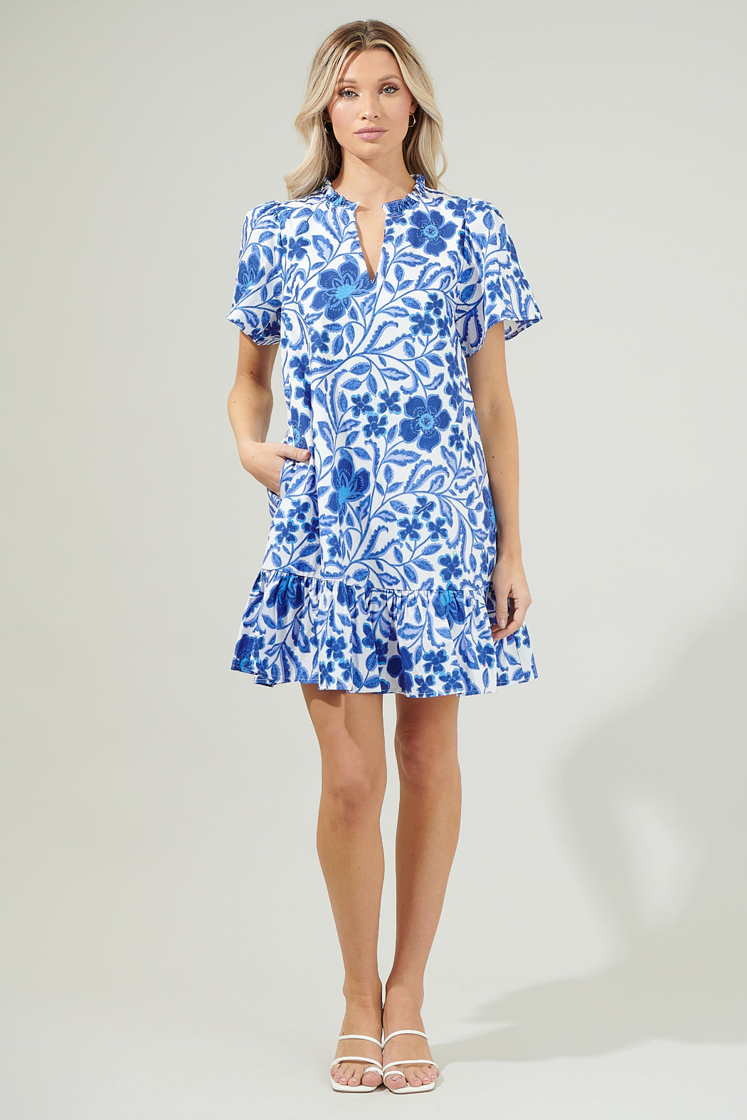 Celeste Floral Mini Dress WHITE-BLUE-COMBO / XS by Sugarlips Celeste Floral Mini Dress WHITE-BLUE-COMBO / XS by Sugarlips