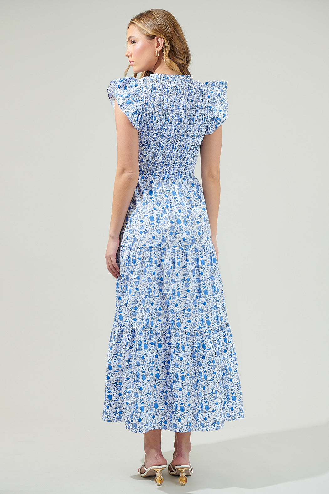 lily smocked floral print ruffle trim midi dress V. Chapman Lily Smocked Midi Dress - Lavender Fog