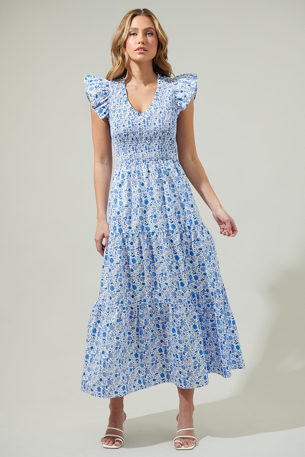 Luray Floral Sunfire Smocked Bodice Tiered Midi Dress – Sugarlips