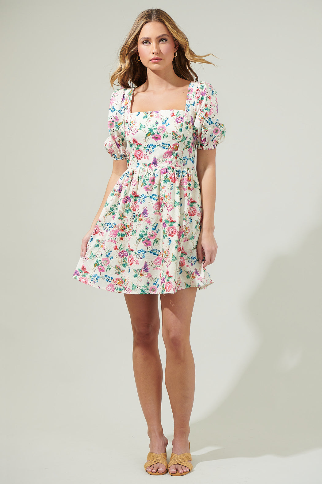 Marley Floral Eyelet Mini Dress Pink-Green-Multi / XL by Sugarlips Marley Floral Eyelet Mini Dress Pink-Green-Multi / XL by Sugarlips