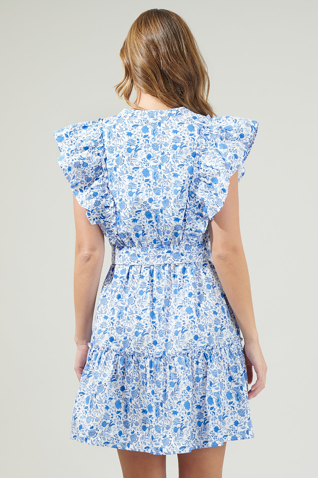 Luray Floral Ruffle Mini Dress BLUES-WHITE / XL by Sugarlips Luray Floral Ruffle Mini Dress BLUES-WHITE / XL by Sugarlips