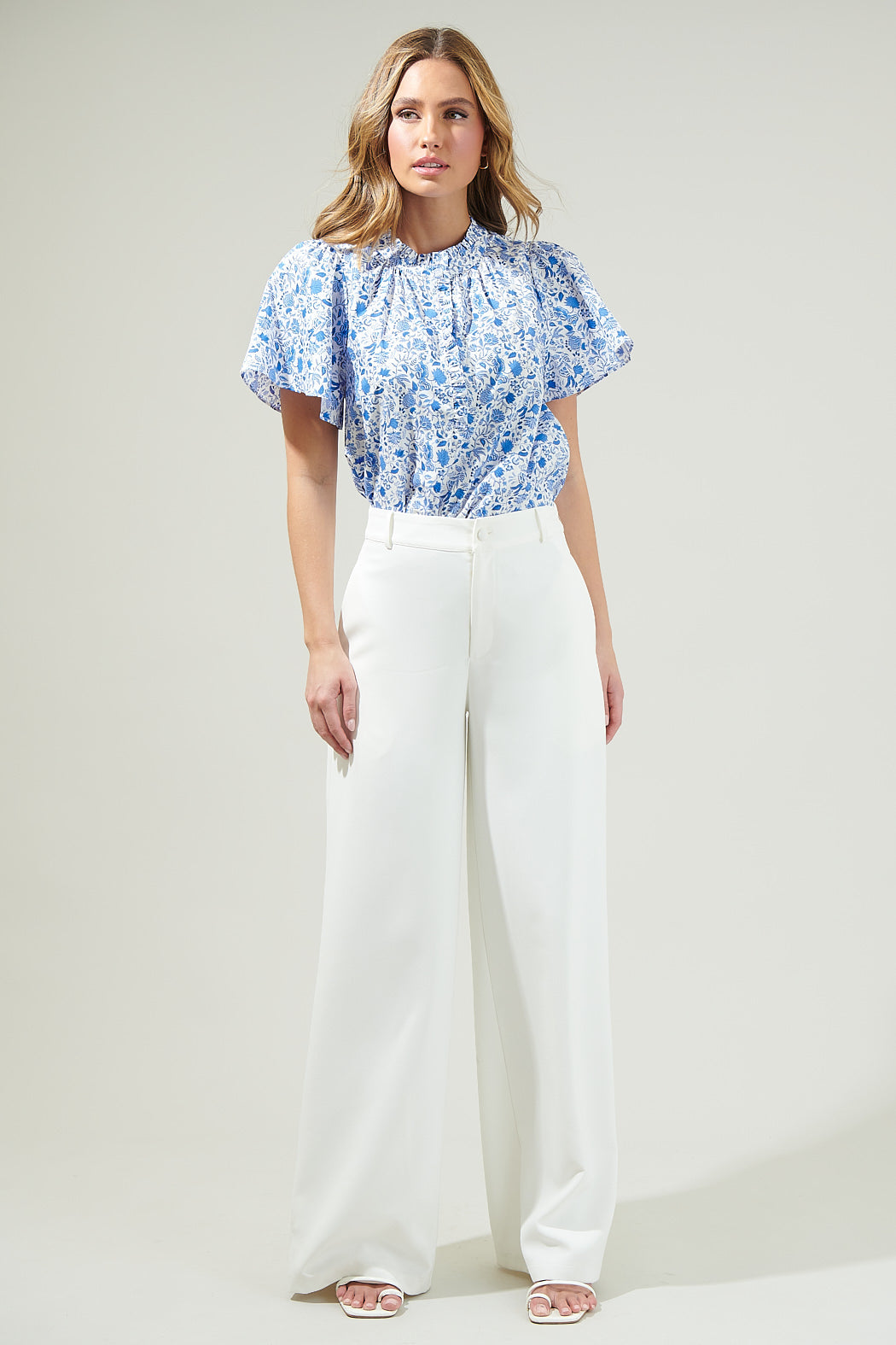 lily white floral top Luray Floral Lily Floral Ruffle Blouse BLUES-WHITE / S by Sugarlips
