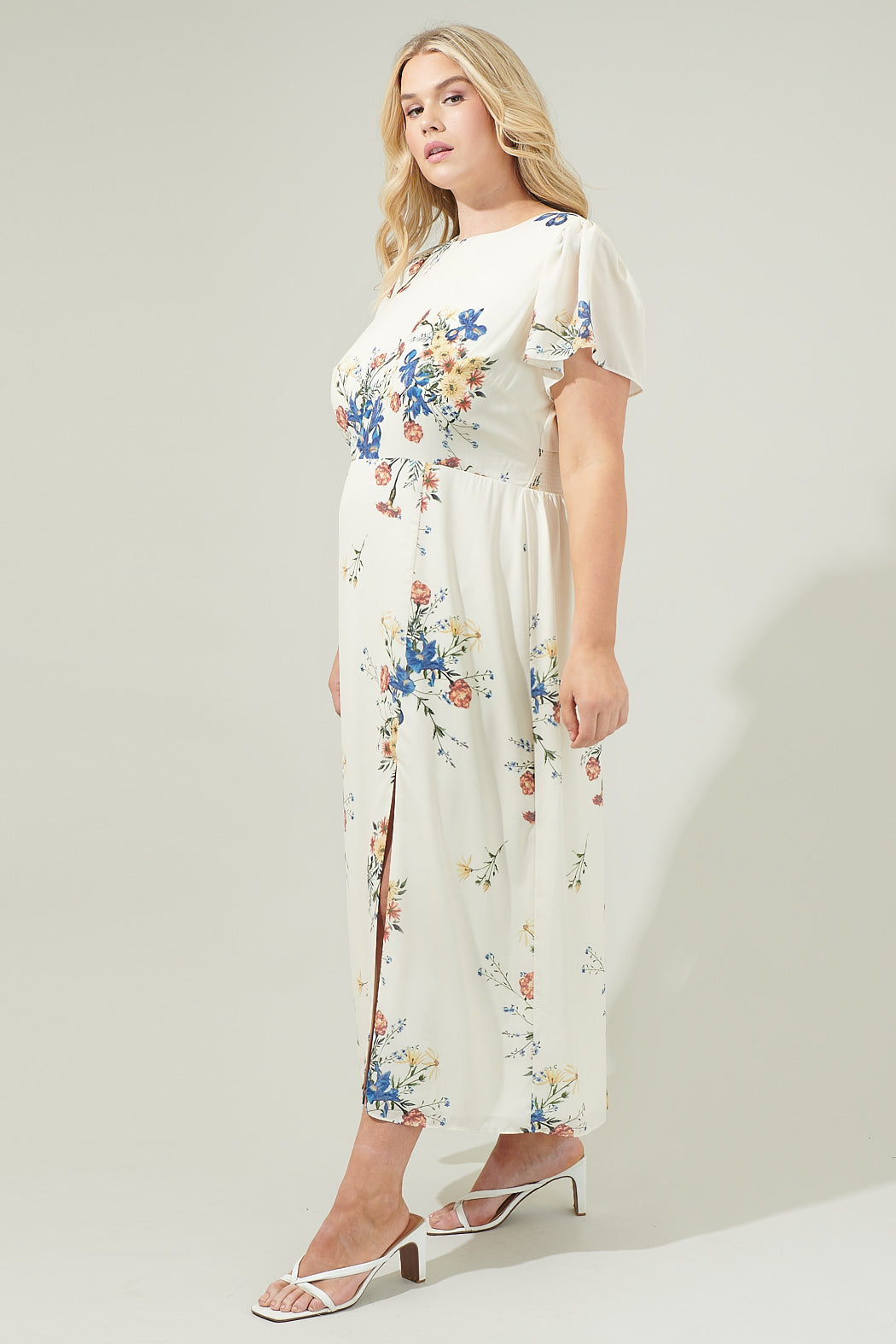 Jacinta Floral Slit Midi Dress Curve Cream-Multi / 2X by Sugarlips Jacinta Floral Slit Midi Dress Curve Cream-Multi / 2X by Sugarlips