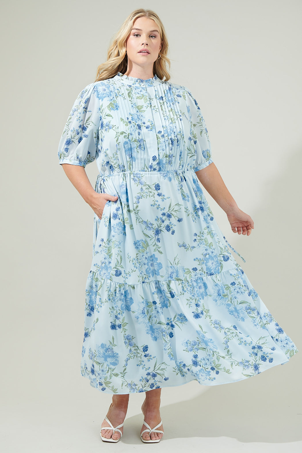dusty blue floral pleated midi dress Woman's dress Dusty Floss Floral Pleated