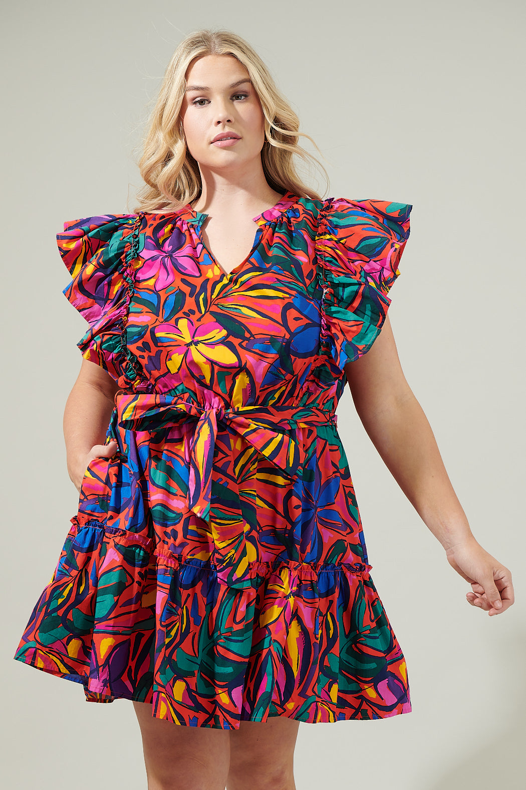 Rainbow Tropics Floral Ruffle Mini Dress Curve RED-MULTI / 1X by Sugarlips Rainbow Tropics Floral Ruffle Mini Dress Curve RED-MULTI / 1X by Sugarlips