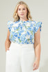 Truth Be Told Blue Floral Gabrielle Mock Neck Poplin Top Curve
