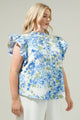 Truth Be Told Blue Floral Sleeveless Ruffle Top Curve