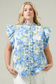 Truth Be Told Blue Floral Sleeveless Ruffle Top Curve