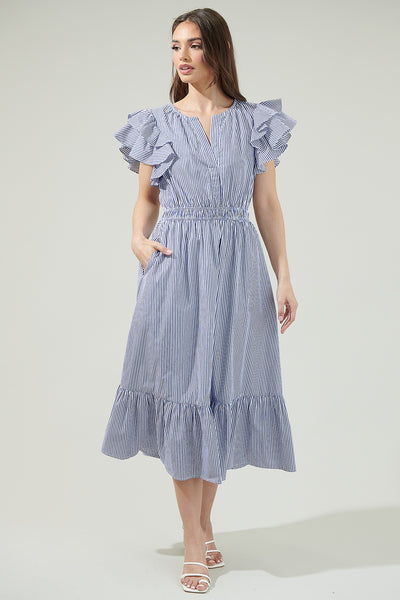 LE’RURE Wavy frill bustier stripe dress Loire Bustier Spaghetti Strap Midi Sundress