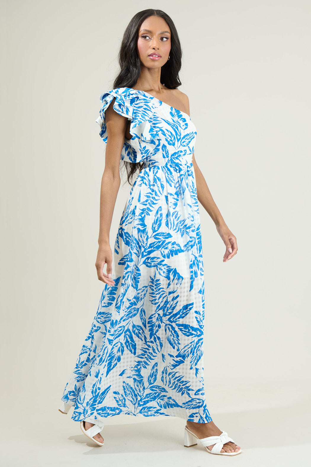 Polly Floral Ruffle Maxi Dress WHITE-BLUE / XS by Sugarlips Polly Floral Ruffle Maxi Dress WHITE-BLUE / XS by Sugarlips