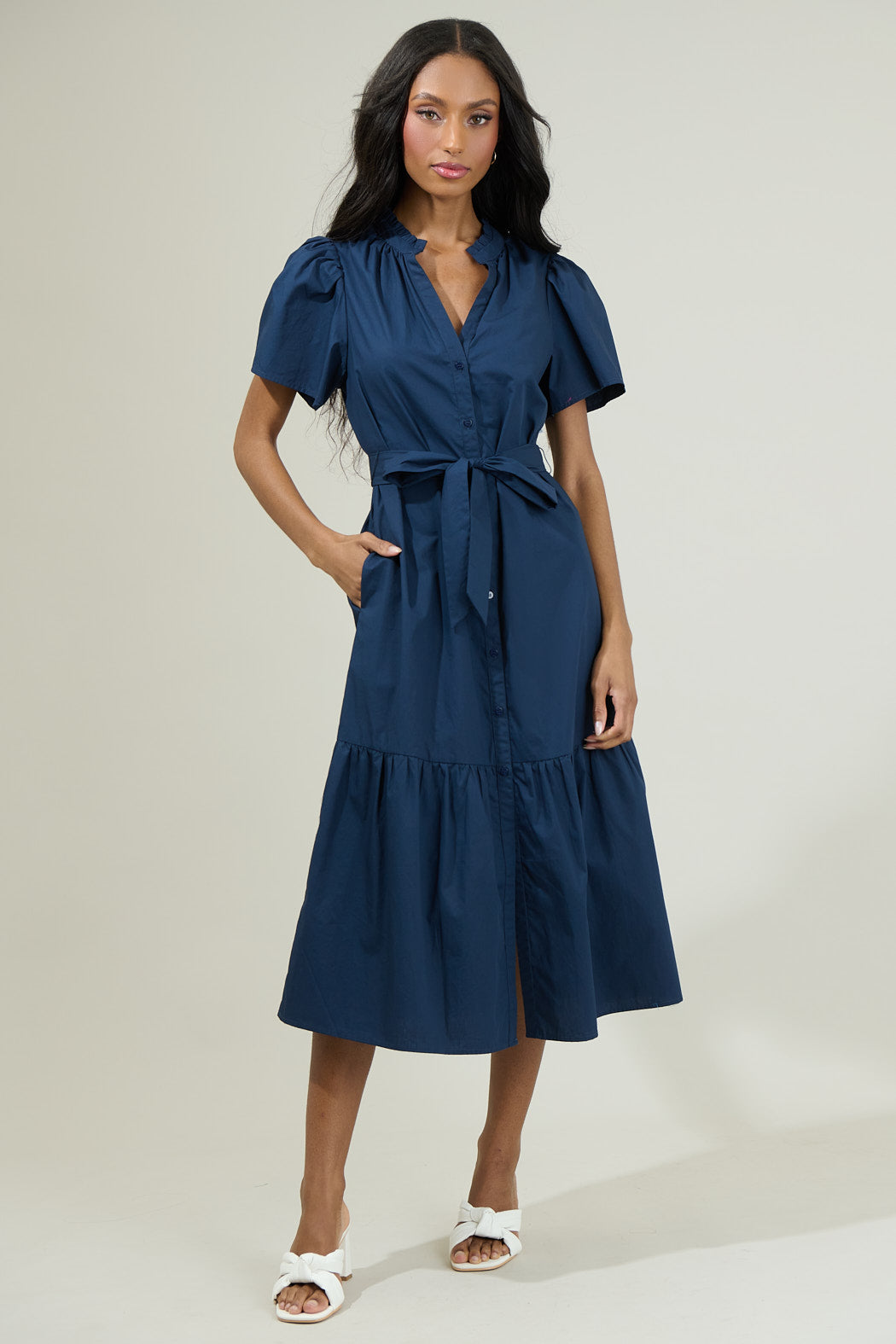Beatrice Button Down Poplin Midi Dress NAVY / XL by Sugarlips Beatrice Button Down Poplin Midi Dress NAVY / XL by Sugarlips