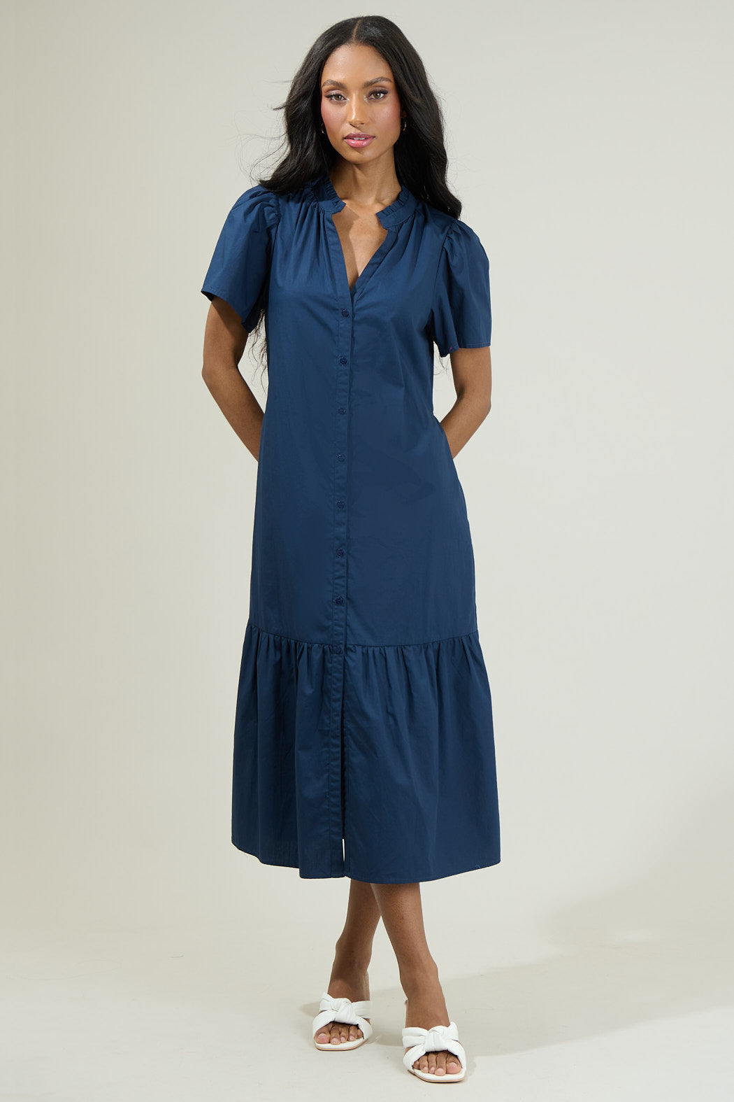 Beatrice Button Down Poplin Midi Dress Navy / XL by Sugarlips Beatrice Button Down Poplin Midi Dress Navy / XL by Sugarlips