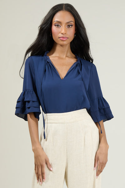 【Audire】ruffle sleeve blouse (Blue)/M Ruffle-Sleeved Blouse - Blue/striped - Ladies | H&M US
