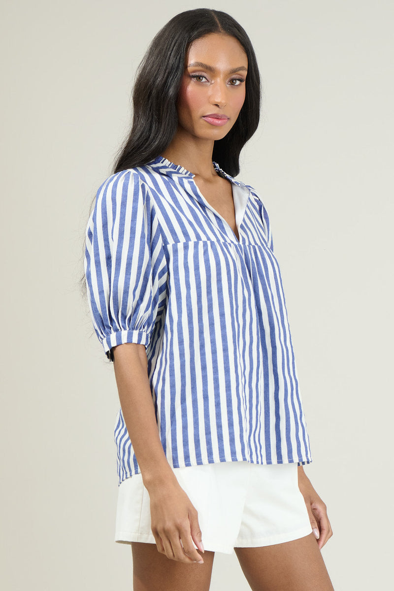 Catana Striped Delano Ruffle Split Neck Blouse – Sugarlips