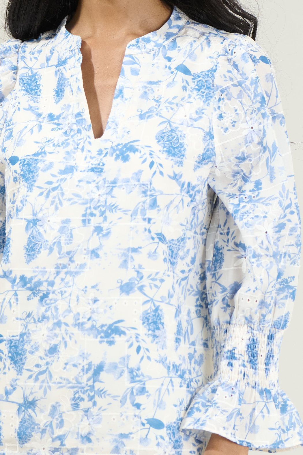 Tuti Floral Smocked Long Sleeve Blouse BLUE-WHITE / L by Sugarlips Tuti Floral Smocked Long Sleeve Blouse BLUE-WHITE / L by Sugarlips