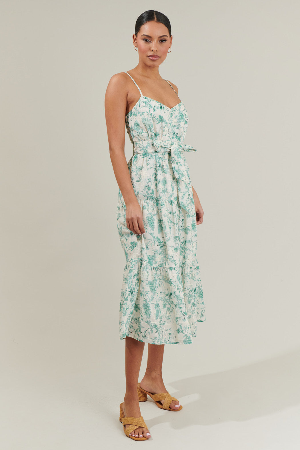 Jaya Floral Tiered Midi Dress WHITE-GREEN / M by Sugarlips Jaya Floral Tiered Midi Dress WHITE-GREEN / M by Sugarlips