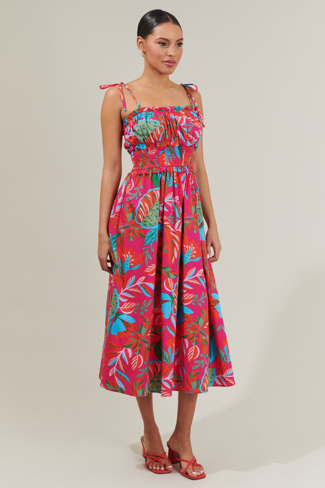 Cactus Blossom Smocked Waist Tie Strap Poplin Midi Dress FUCHSIA-BLUE-MULTI / L by Sugarlips Cactus Blossom Smocked Waist Tie Strap Poplin Midi Dress FUCHSIA-BLUE-MULTI / L by Sugarlips