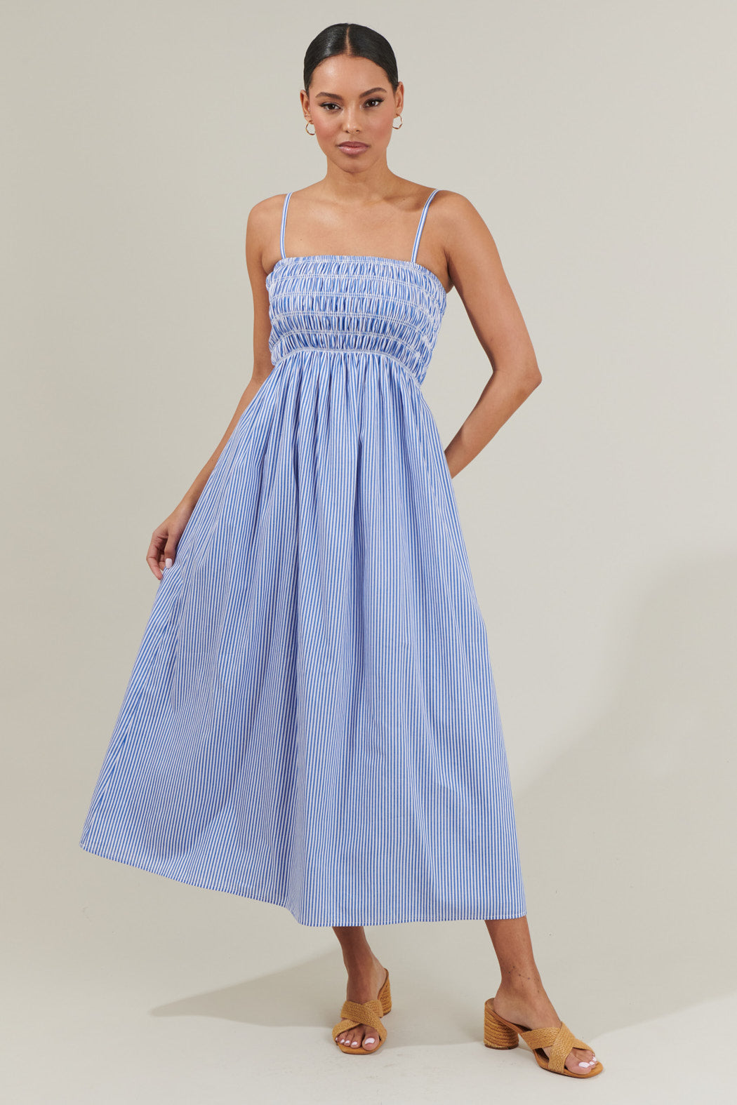 blue and white smocked midi dress ASTR the Label | Lahela Smocked Midi Dress in Blue Stripe