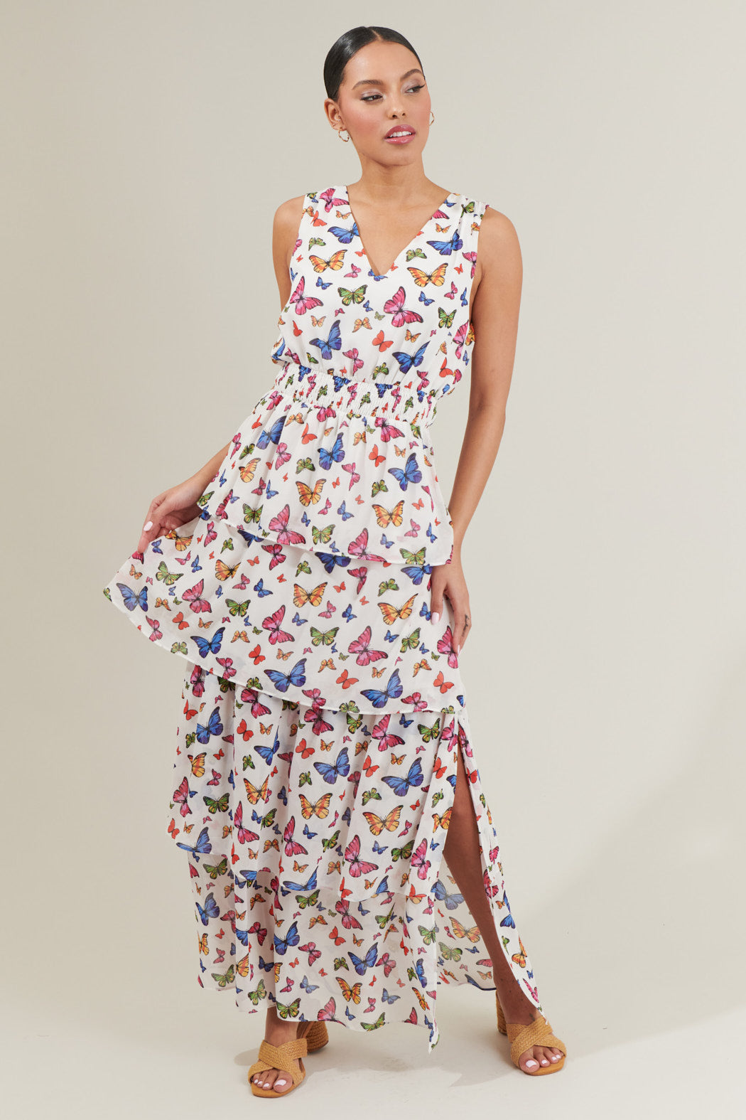 Bess Butterfly Tiered Maxi Dress white-Multi / L by Sugarlips Bess Butterfly Tiered Maxi Dress white-Multi / L by Sugarlips