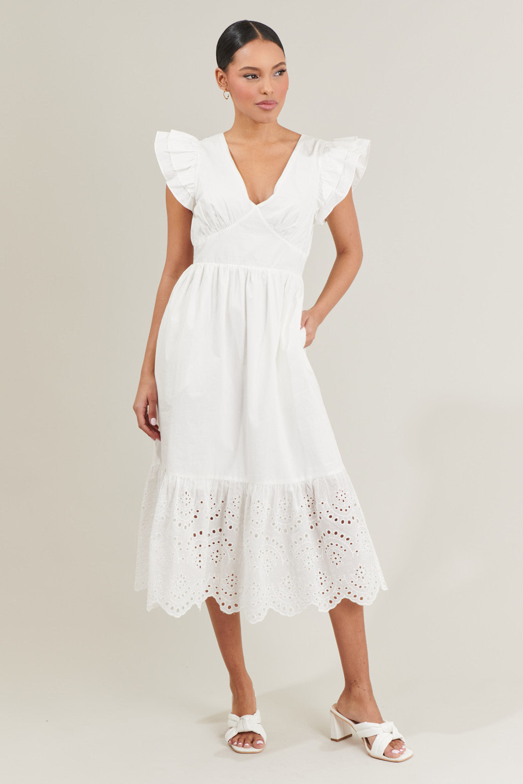 poplin lace up midi pocket dress POPLIN LACE TRIMMED SMOCKED MIDI DRESS