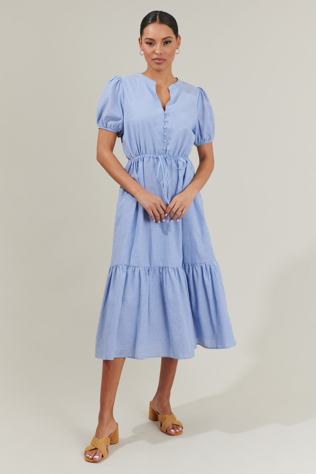 waist tie midi dress Dusty Punch Pleated Rib Knit Waist Tie Midi Dress