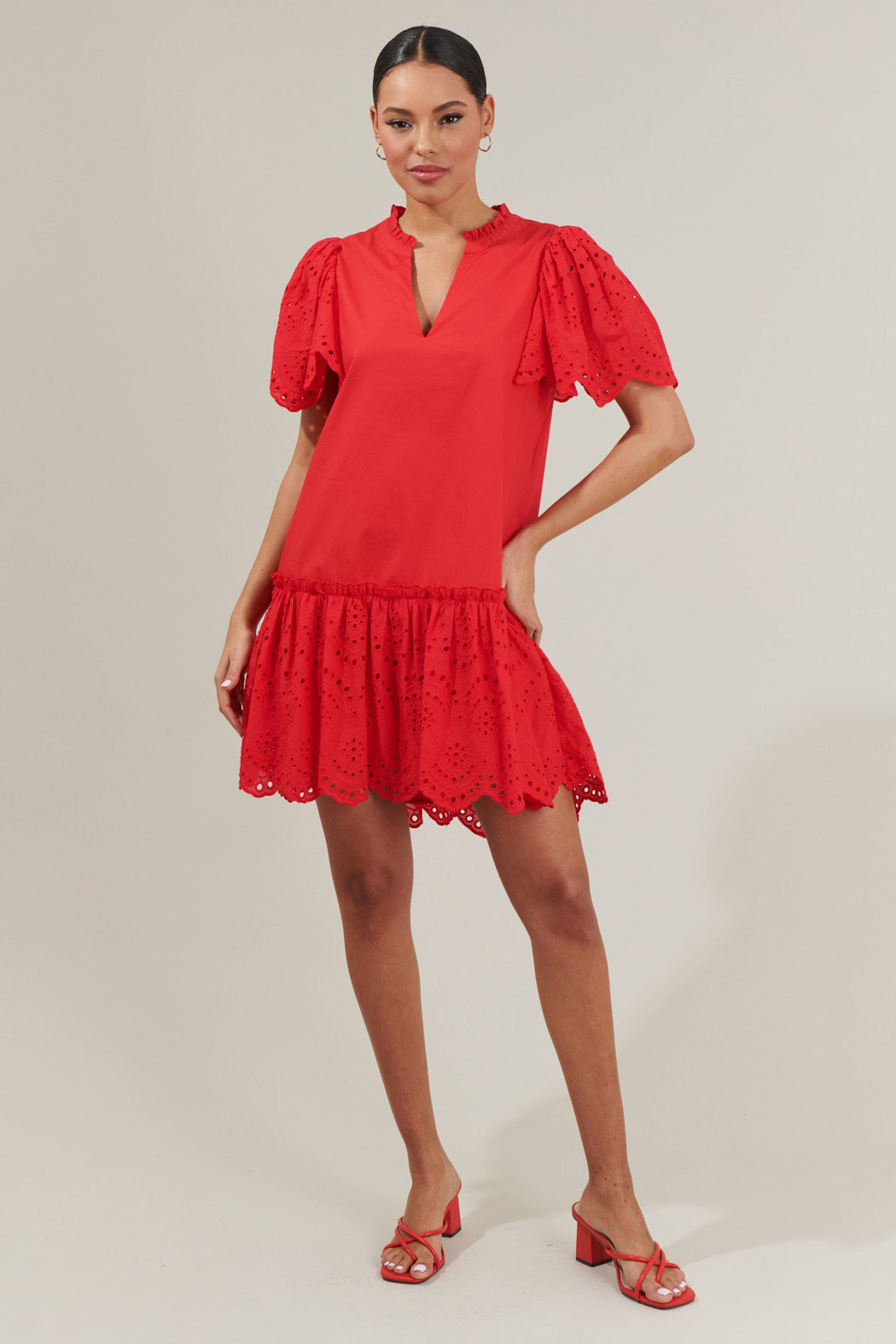 red eyelet mini dress Women's Floral Eyelet Mini Dress in Dark Red
