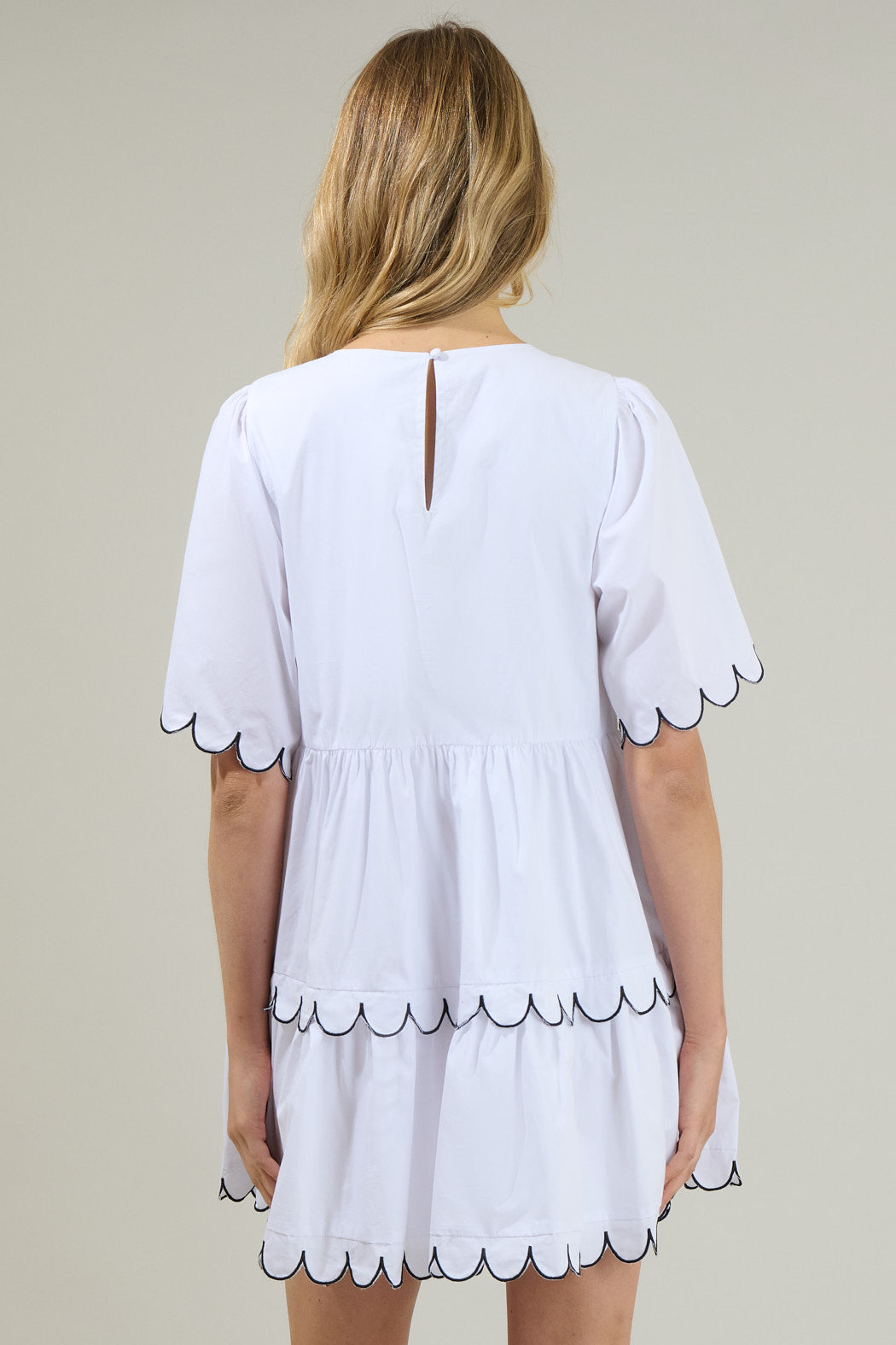 white short tiered dress Lace Tiered Mini Dress with Scalloped Neckline 47663