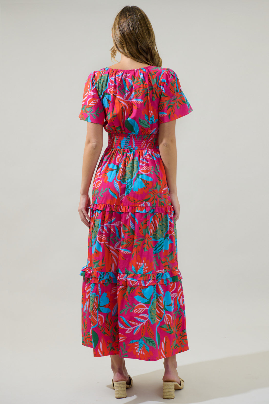 Cactus Blossom Palmer Poplin Tiered Maxi Dress RED-MULTI / XS by Sugarlips