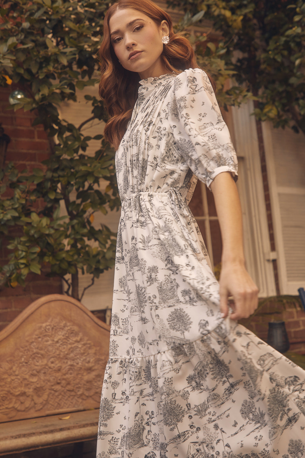 Renzo Toile Pleated Midi Dress GREY-BLK / S by Sugarlips Renzo Toile Pleated Midi Dress GREY-BLK / S by Sugarlips