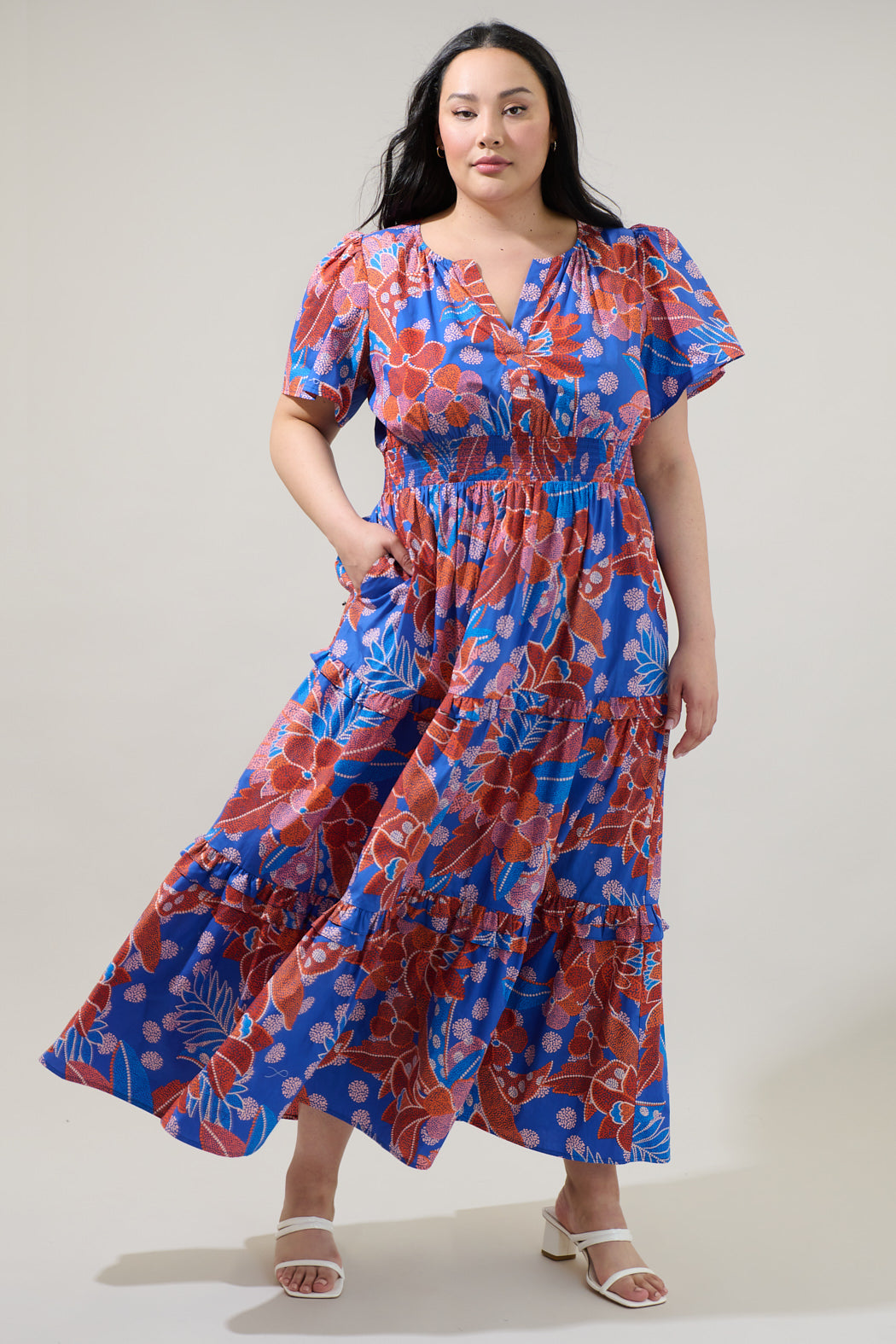 Amazonia Blue Floral Palmer Poplin Tiered Maxi Dress Curve BURG-MULTI / 2X by Sugarlips Amazonia Blue Floral Palmer Poplin Tiered Maxi Dress Curve BURG-MULTI / 2X by Sugarlips