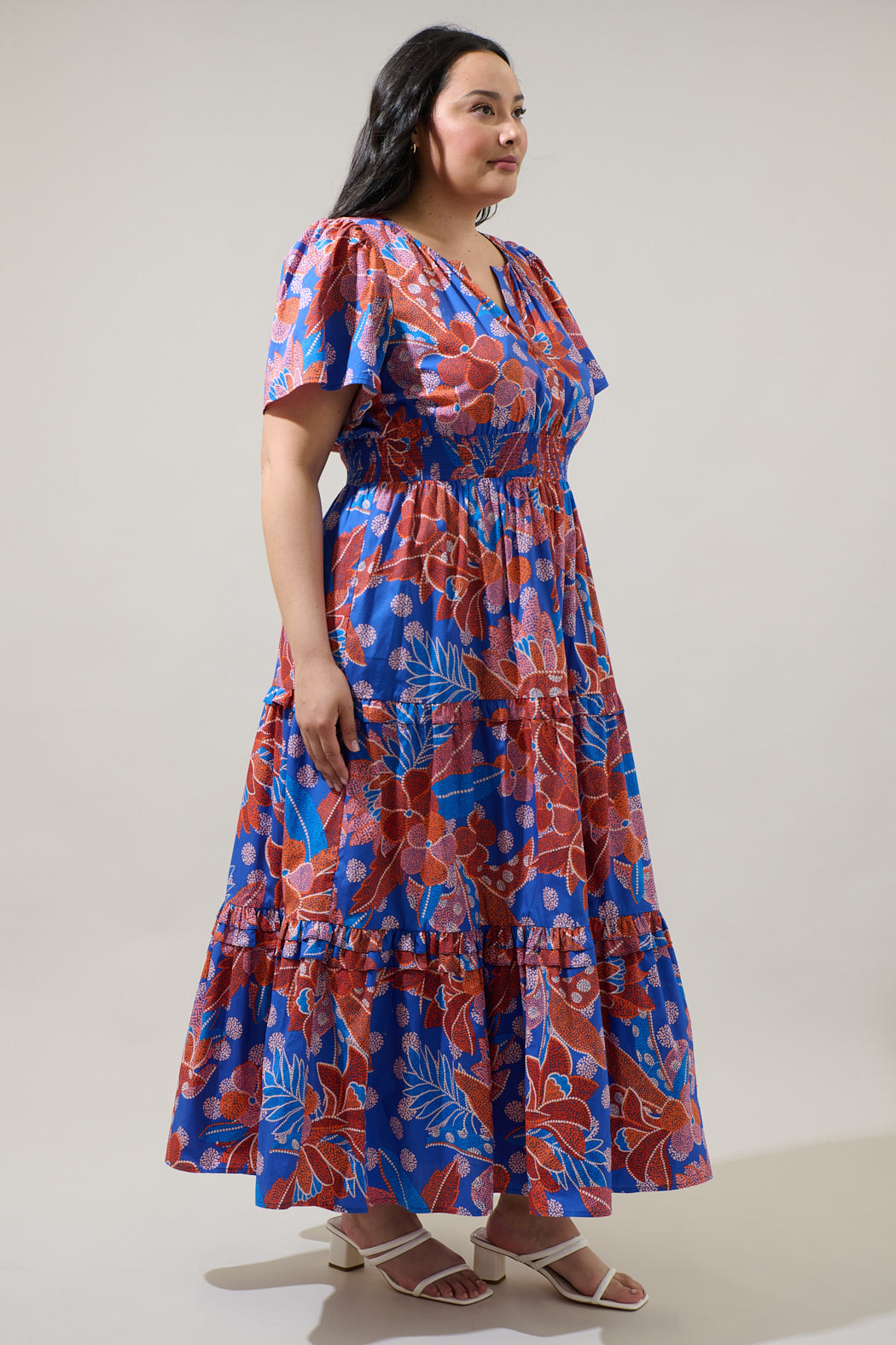 Amazonia Blue Floral Palmer Poplin Tiered Maxi Dress Curve BURG-MULTI / 2X by Sugarlips Amazonia Blue Floral Palmer Poplin Tiered Maxi Dress Curve BURG-MULTI / 2X by Sugarlips