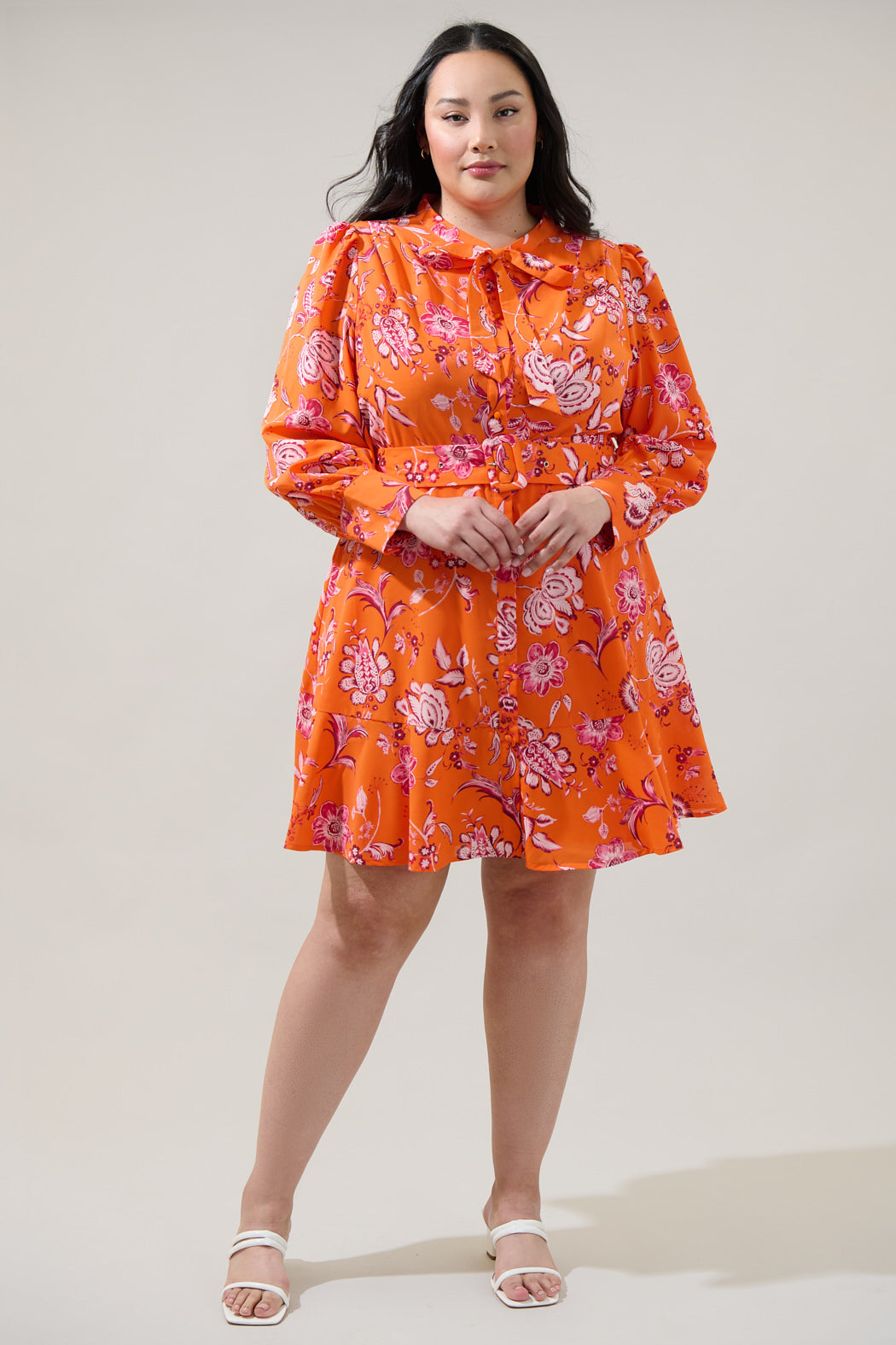 Cosmo Floral Flare Mini Dress Curve Orange-Multi / 1x by Sugarlips