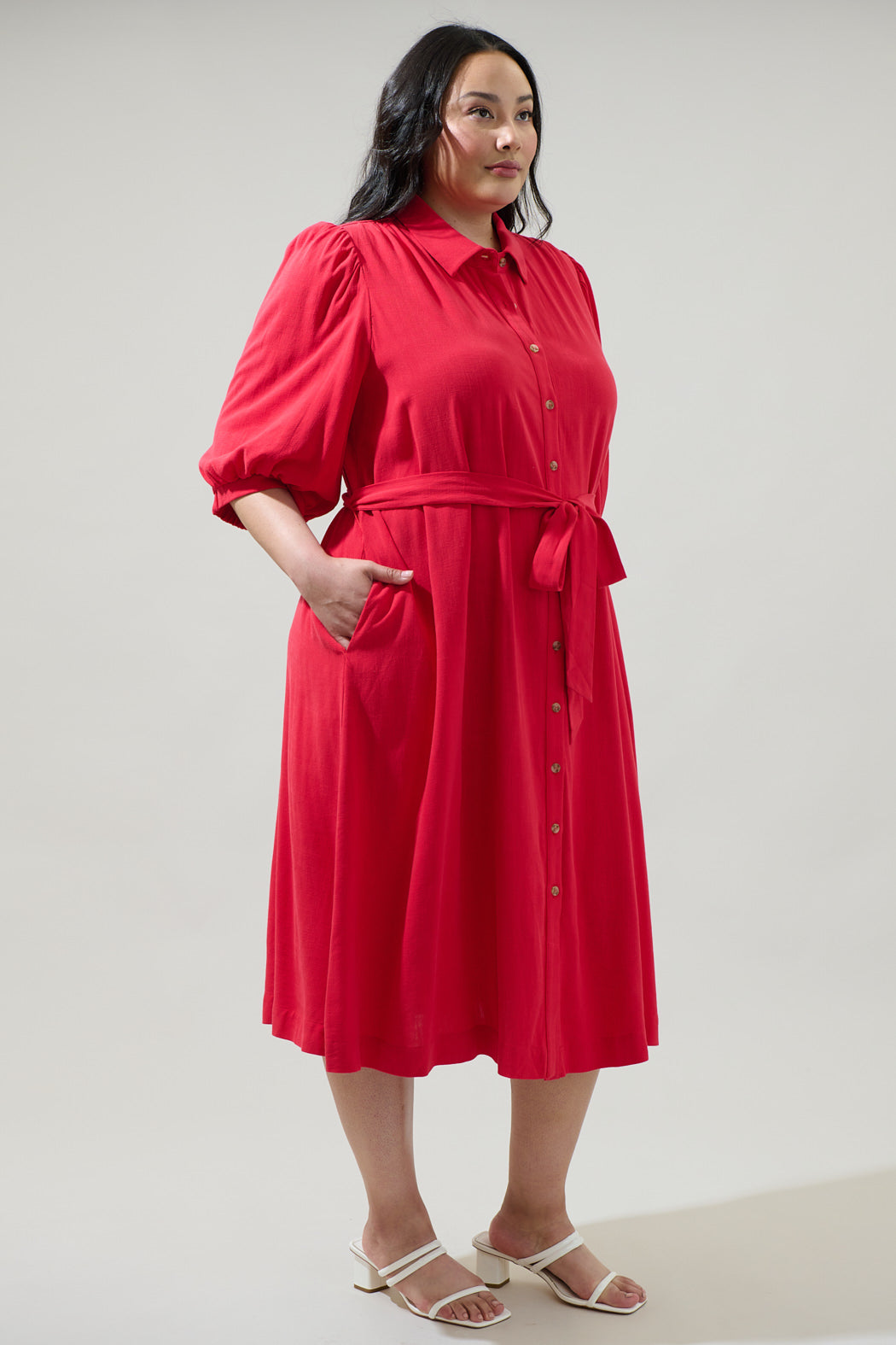 red midi shirt dress Linen Blend Shirt Midi Dress