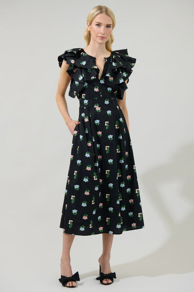 sleeveless ruffle neck midi dress in liberty chamomile floral Mayrel Floral Santana Tie Back Midi Dress – Sugarlips