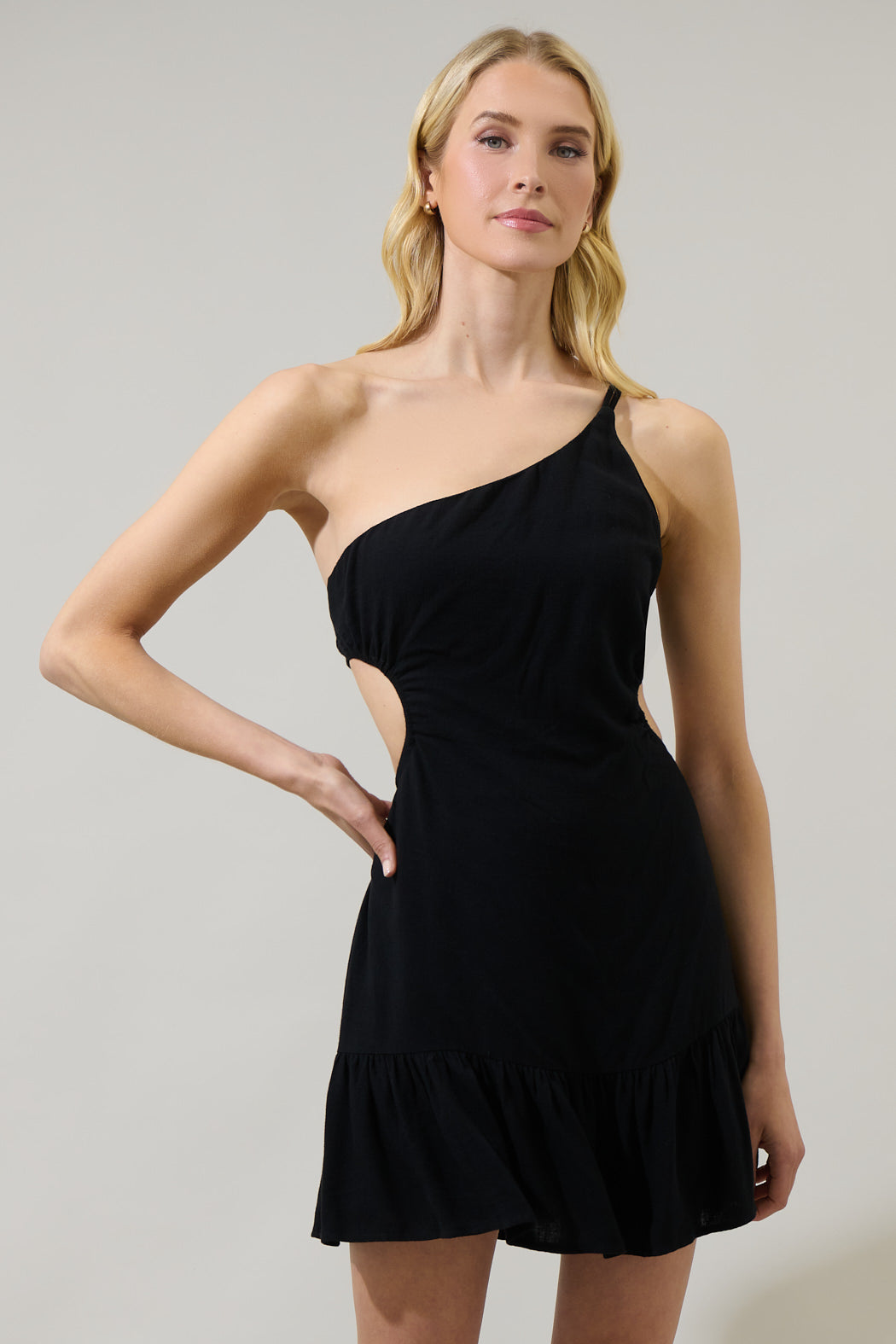Zaya One Shoulder Cutout Ruffle Mini Dress Green / M by Sugarlips Zaya One Shoulder Cutout Ruffle Mini Dress Green / M by Sugarlips