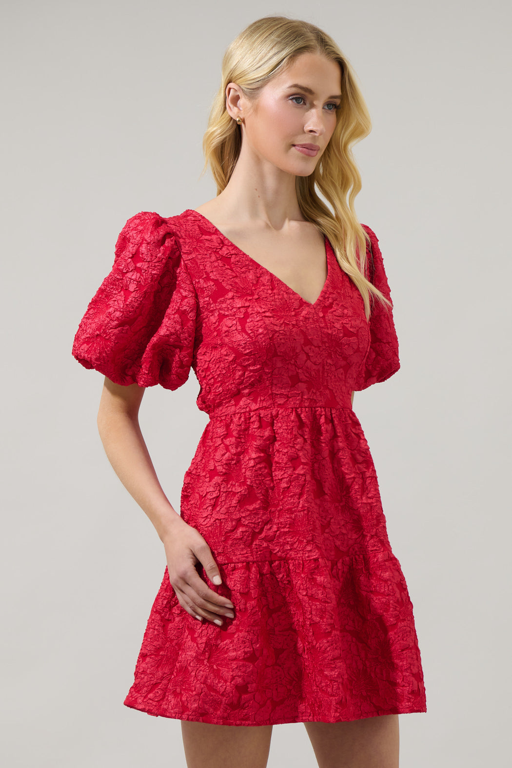 Russa May Floral Jacquard Tiered Mini Dress Burgundy / M by Sugarlips Russa May Floral Jacquard Tiered Mini Dress Burgundy / M by Sugarlips