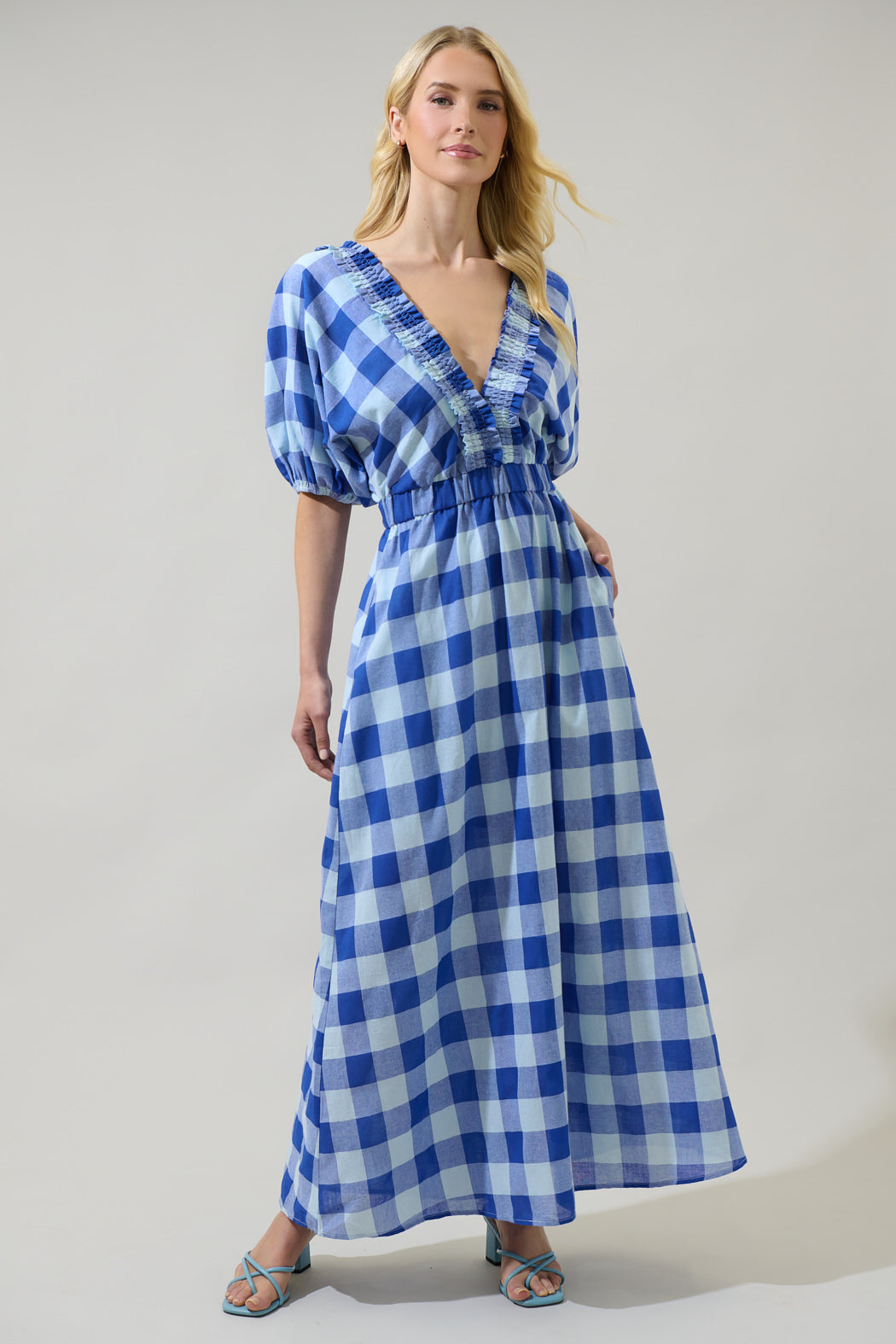 Hant Plaid V-Neck Midi Dress BLUE-MULTI / XS